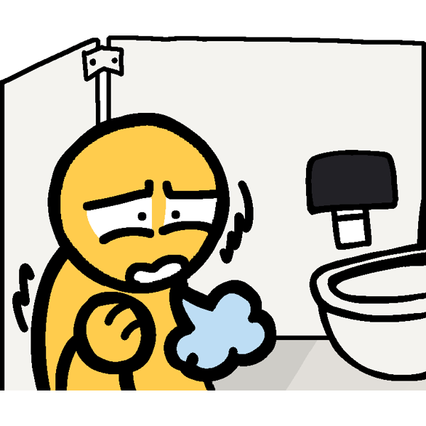 an emoji-yellow person standing in a bathroom stall, shaking and hyperventilating. they look distressed. there's no gap between the bathroom stall and the floor